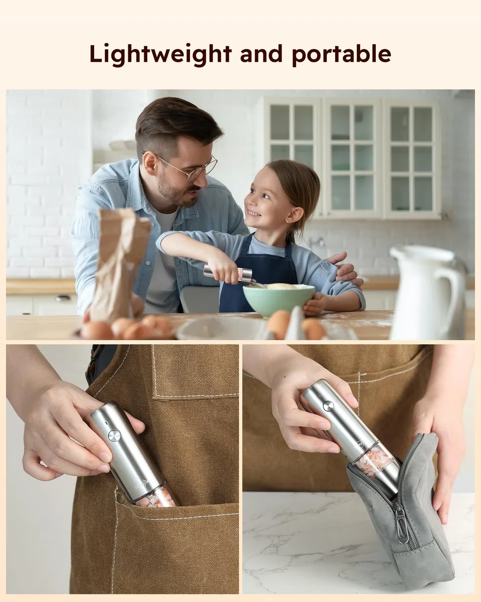 Sangcon Mini Set Macina Sale e Pepe Elettrico con Base in Legno, Ricaricabile USB, Piccolo Macinapepe Automatico, da Viaggio/barbecue/bambini, Controllo con un Pulsante (Acciaio inossidabile)