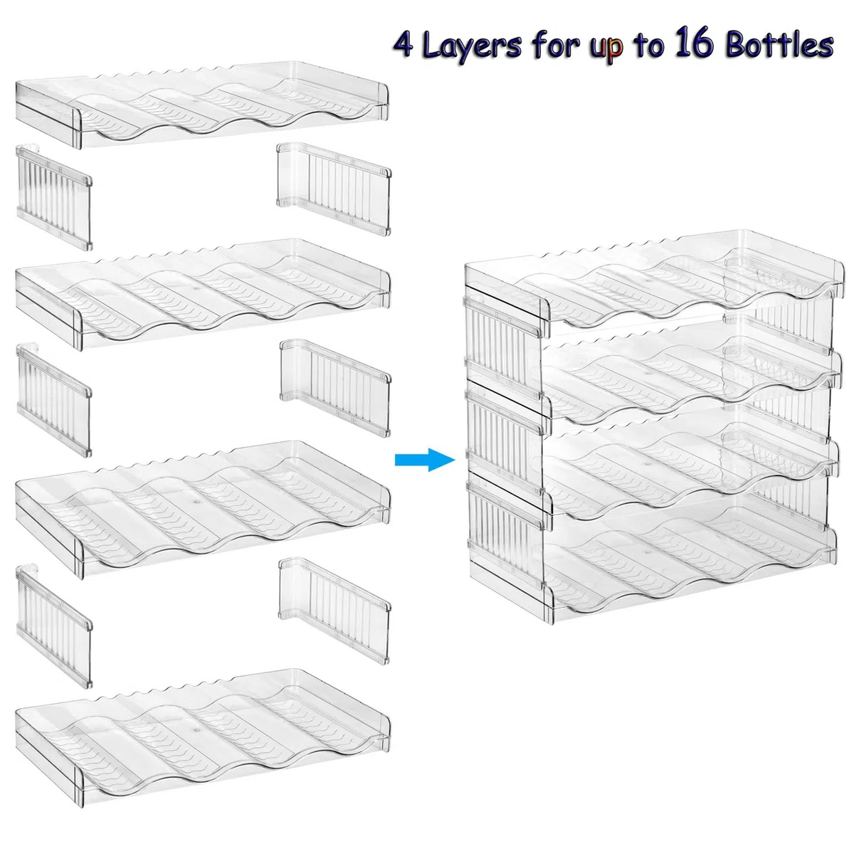 Organizzatore Bottiglie Impilabile Portabottiglie Plastica Frigo Trasparente Scaffale per Bottiglie Acqua e Vino per 16 Bottiglie Bottiglia d'acqua Organizzatore per Frigorifero, Cucina, Dispensa