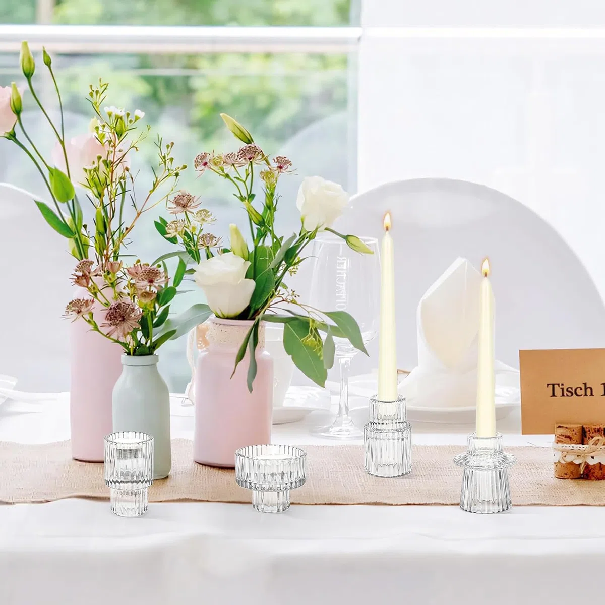 Porta Candele Set, Portacandele da Tavolo, Moderni Vetro Decorazione, Porta Tealight Candle Holder,Cristallo per Casa, Cena, Matrimonio, Festa, Festival (6, Trasparenti)