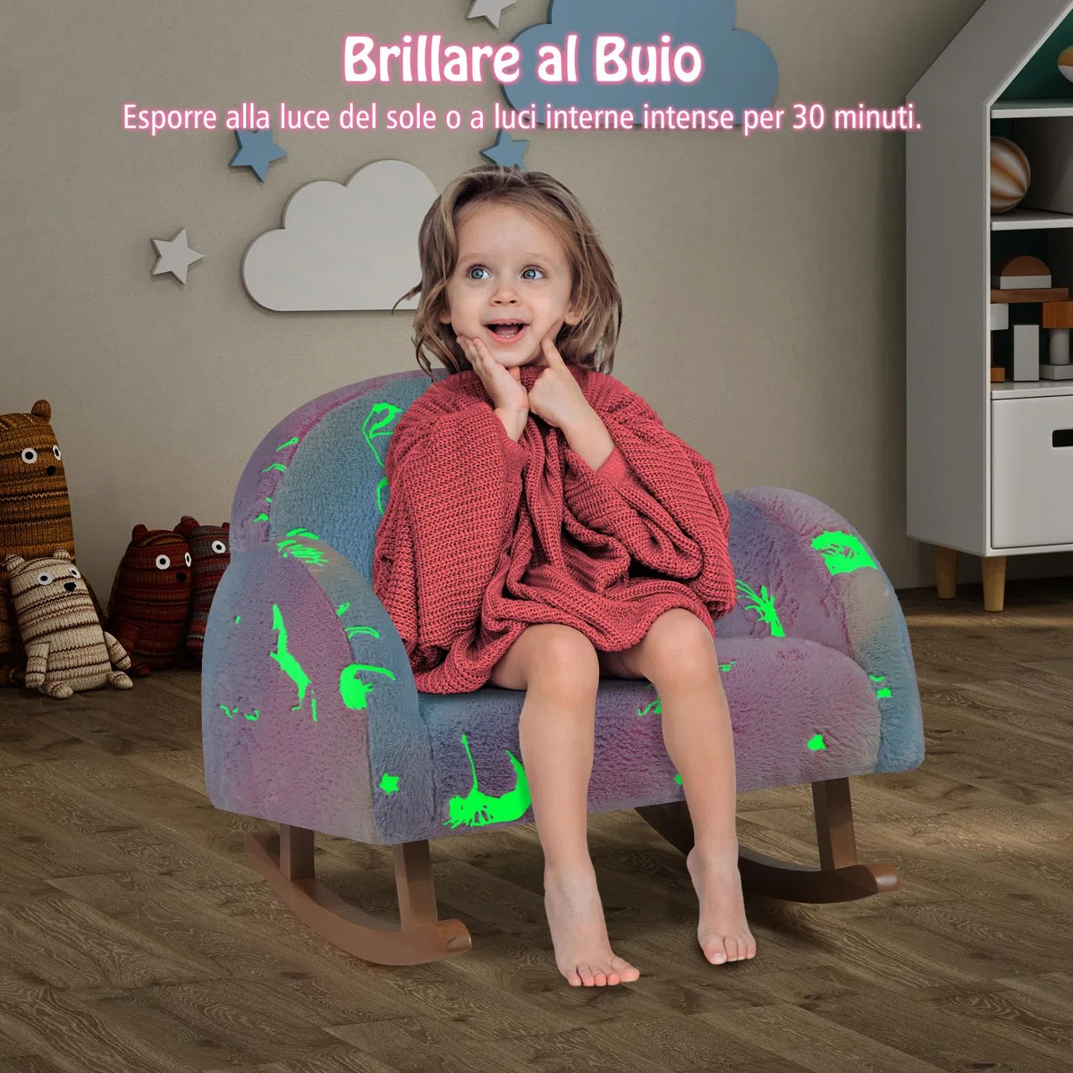 GYMAX Sedia a Dondolo per Bambini, Divanetto Brillante al Buio, Poltroncina Imbottita in Flanella con Gambe in Legno Massello, per Camera da Letto, Sala Giochi, Asilo Nido, 3-5 Anni