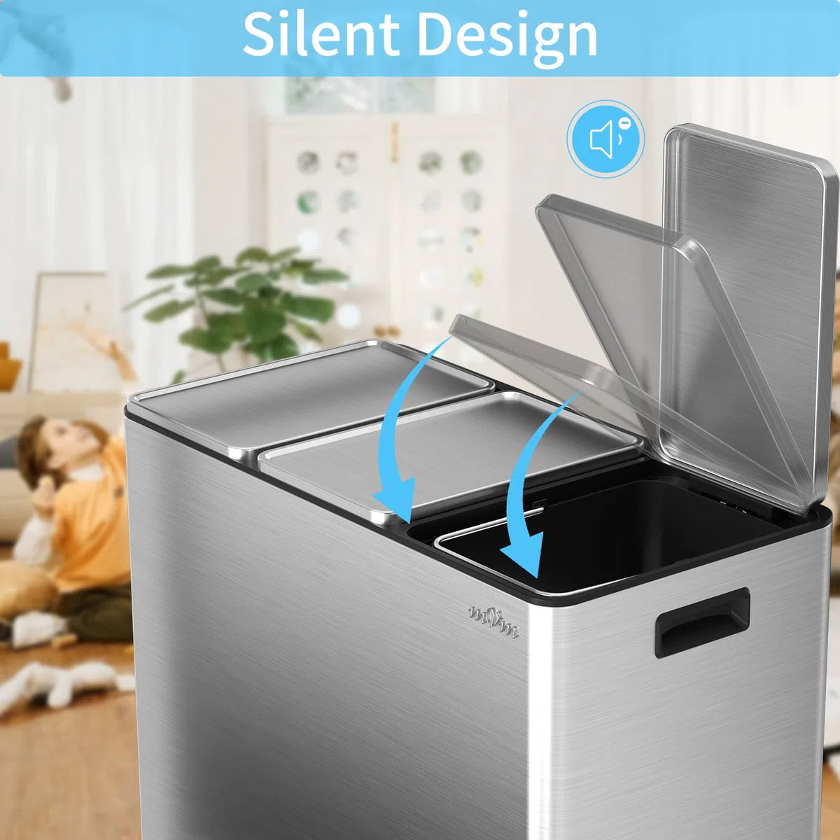 mVm Pattumiera Cucina, Pattumiera Differenziata 3 Scomparti, 3 x 15L, 3 Scomparti per Riciclaggio, in Acciaio Inossidabile, Secchi Interni Rimovibili, per Cucina, Ufficio, Argento