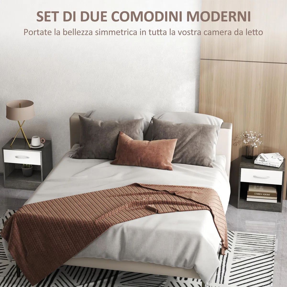 HOMCOM Set 2 Comodini per Camera da Letto con Ripiano Aperto e Cassetto, Comodini Moderni in Truciolato, 39x28x41 cm, Bianco e Grigio Scuro