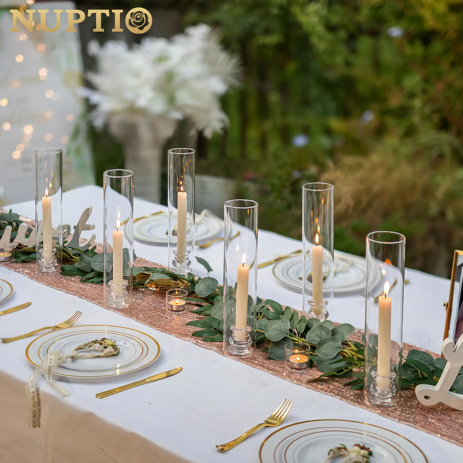 NUPTIO Portacandele In Vetro Set di 2 Portacandele A Uragano Trasparenti Alti 30cm - Portacandele Affusolati con Coperchio A Cilindro Antivento per Caminetto E Sala da Pranzo