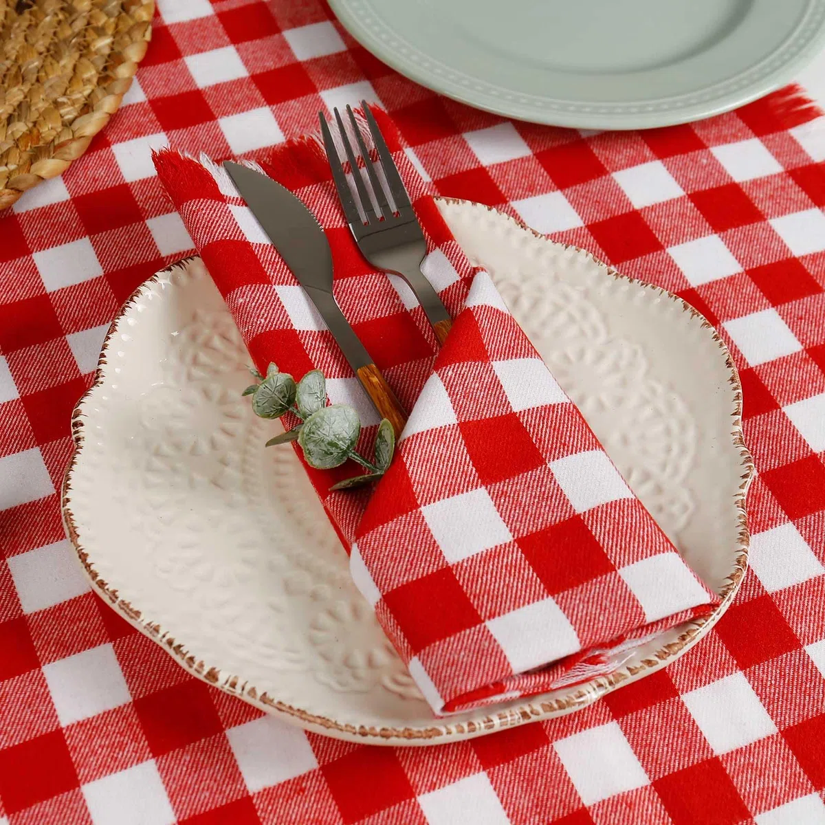 Set di 12 tovaglioli di stoffa fatti a mano in 100% cotone con frange, 43 x 43 cm, tovaglioli a quadri rossi per il Ringraziamento, Natale, pasti quotidiani