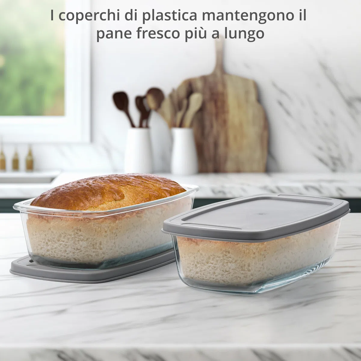 Winter Shore Pirofila Vetro 1,8 l (2 Pezzi) - Teglia per Pane in Cassetta Grande Antiaderente con Coperchio e Manici - Microonde, Forno, Congelatore, Lavastoviglie, Senza BPA - Stampo Pane in Cassetta