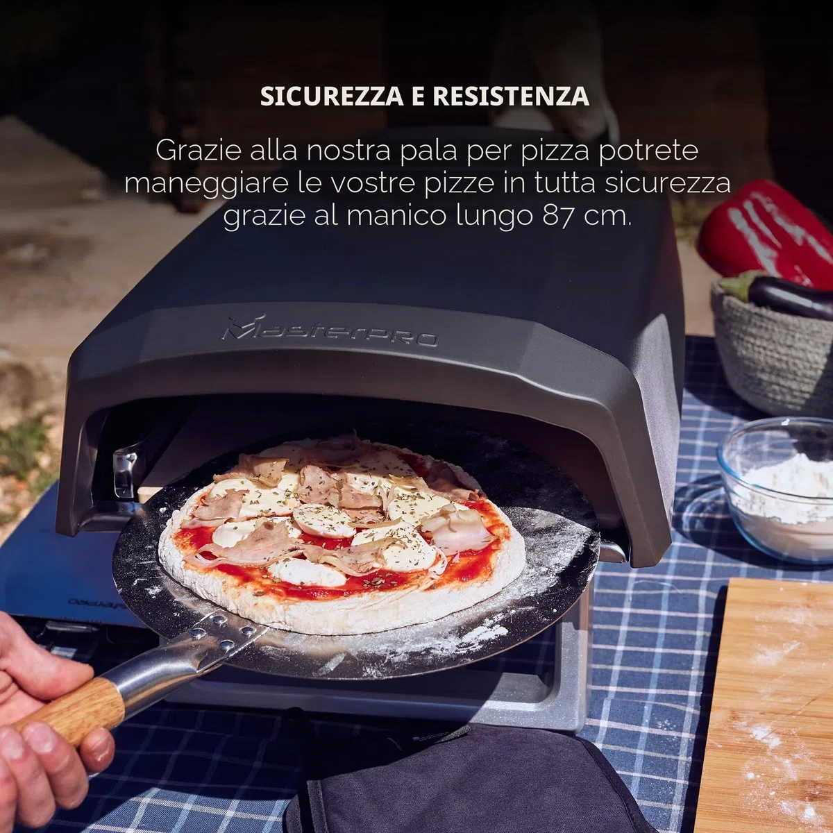 MasterPRO Foodies - Buccia per pizza da forno - In acciaio inox - Diametro 30,5 cm e lunghezza 87 cm - Manico lungo effetto legno - Testa rotonda - Testa rotonda