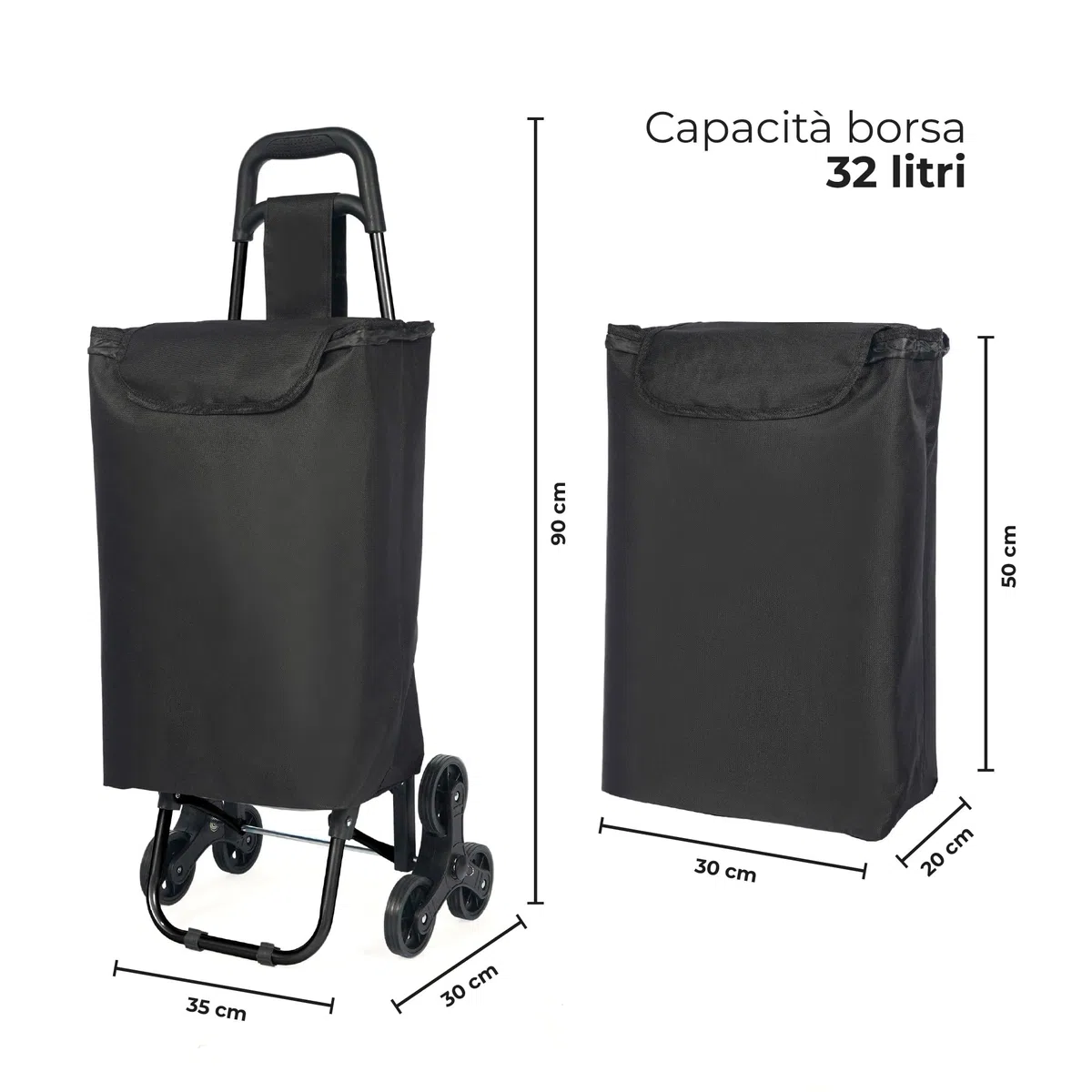 IlGruppone Carrello Spesa Saliscale 6 Ruote Pieghevole con Borsa Impermeabile, Porta Spesa per Scale Supermercato e Casa, Struttura in Acciaio - Nero