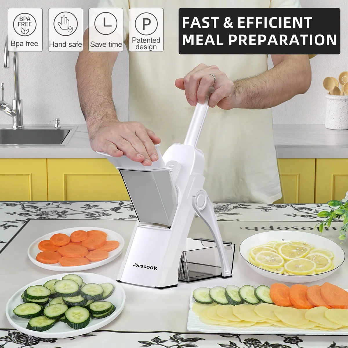 Affettaverdure Jonscook - Aiutante da Cucina Multifunzionale con Tagliapatate, Affettacipolle, Affettafrutta, Cubettatrice, Mandolina - Affettatrice (1a generazione bianca)
