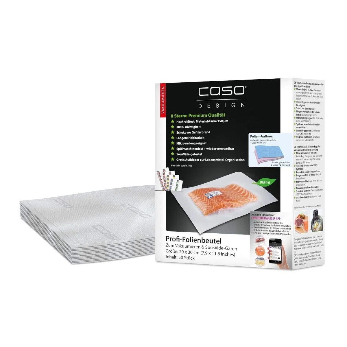 Caso 1219 Sacchetti per Alimenti Sottovuoto, 20 x 30 cm, Confezione da 50 Pezzi