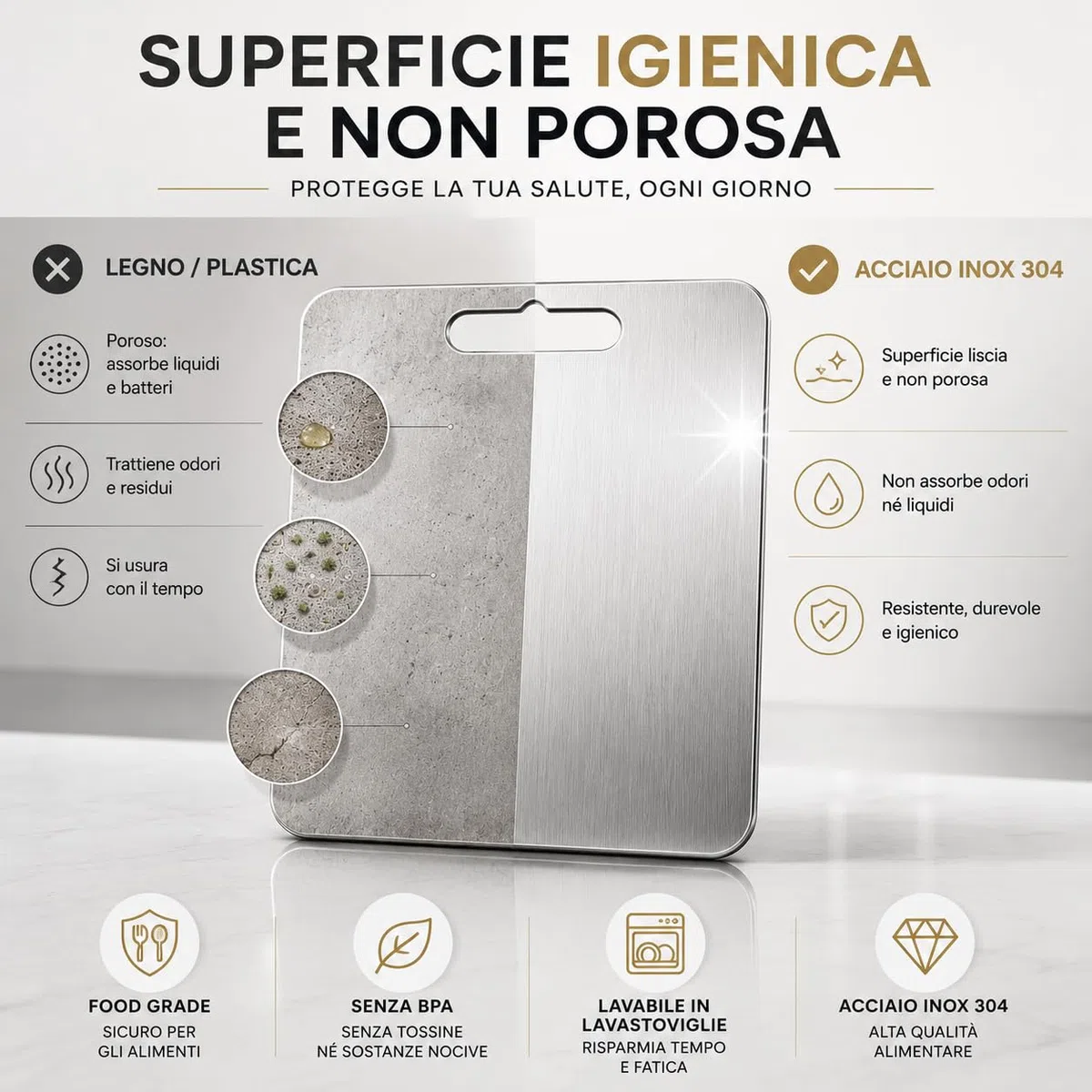 Tagliere in Acciaio Inox Alimentare 304 Per Cucina, Tagliere acciaio inox Certificato Igienico e Antibatterico, Superficie Alimentare Facile da Pulire, Resistente e Antiodore, 23X34