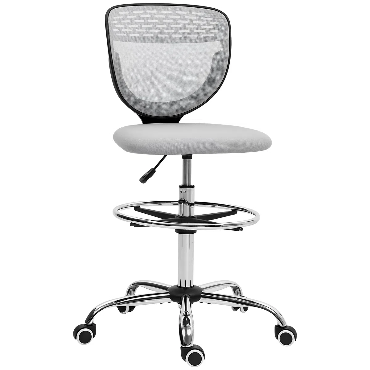 Vinsetto Sedia da ufficio ergonomica sgabello da ufficio con poggiapiedi e senza braccioli, sedia da disegno a schienale medio in rete, altezza regolabile, seduta imbottita e girevole a 360° grigio