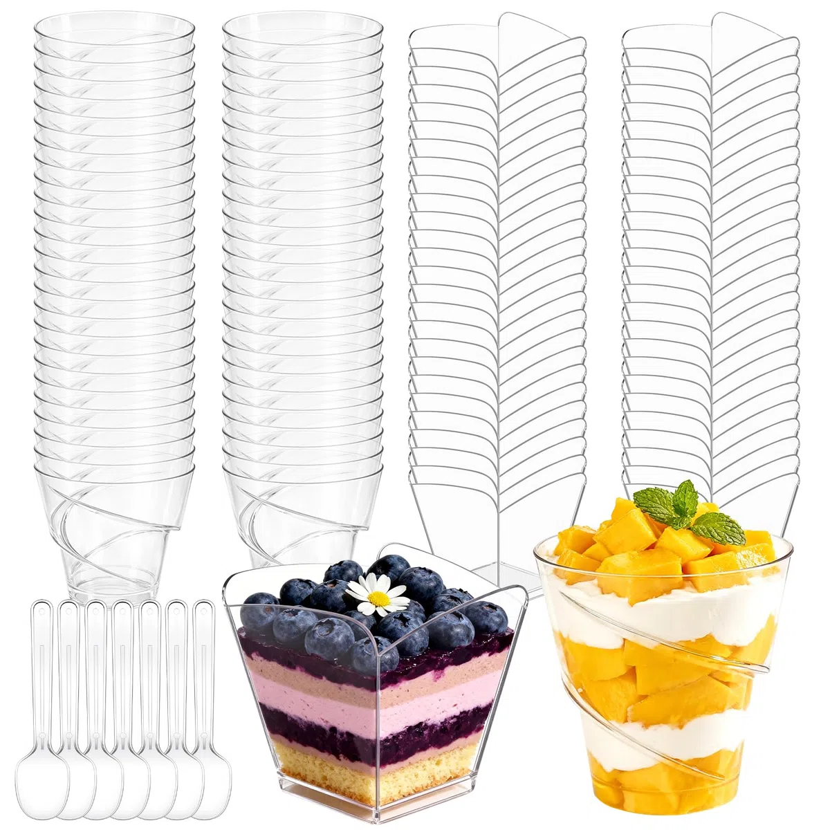 100 bicchieri da dessert in plastica, 160 ml, con cucchiaio, 2 diversi disegni, riutilizzabili, per gelati, mousse, budini, feste, compleanni, matrimoni