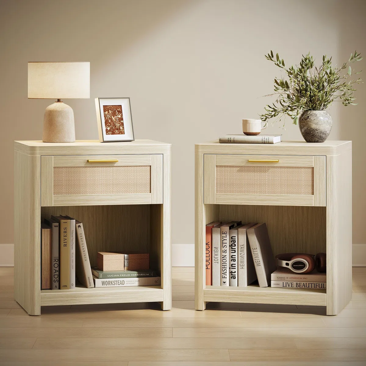 VASAGLE ELLAN Collezione - Comodini Boho con Cassetto Effetto Rattan, Set di 2, Tavolini con Scomparto Aperto, Angoli Arrotondati, Camera da Letto, Beige Naturale LET818LC01