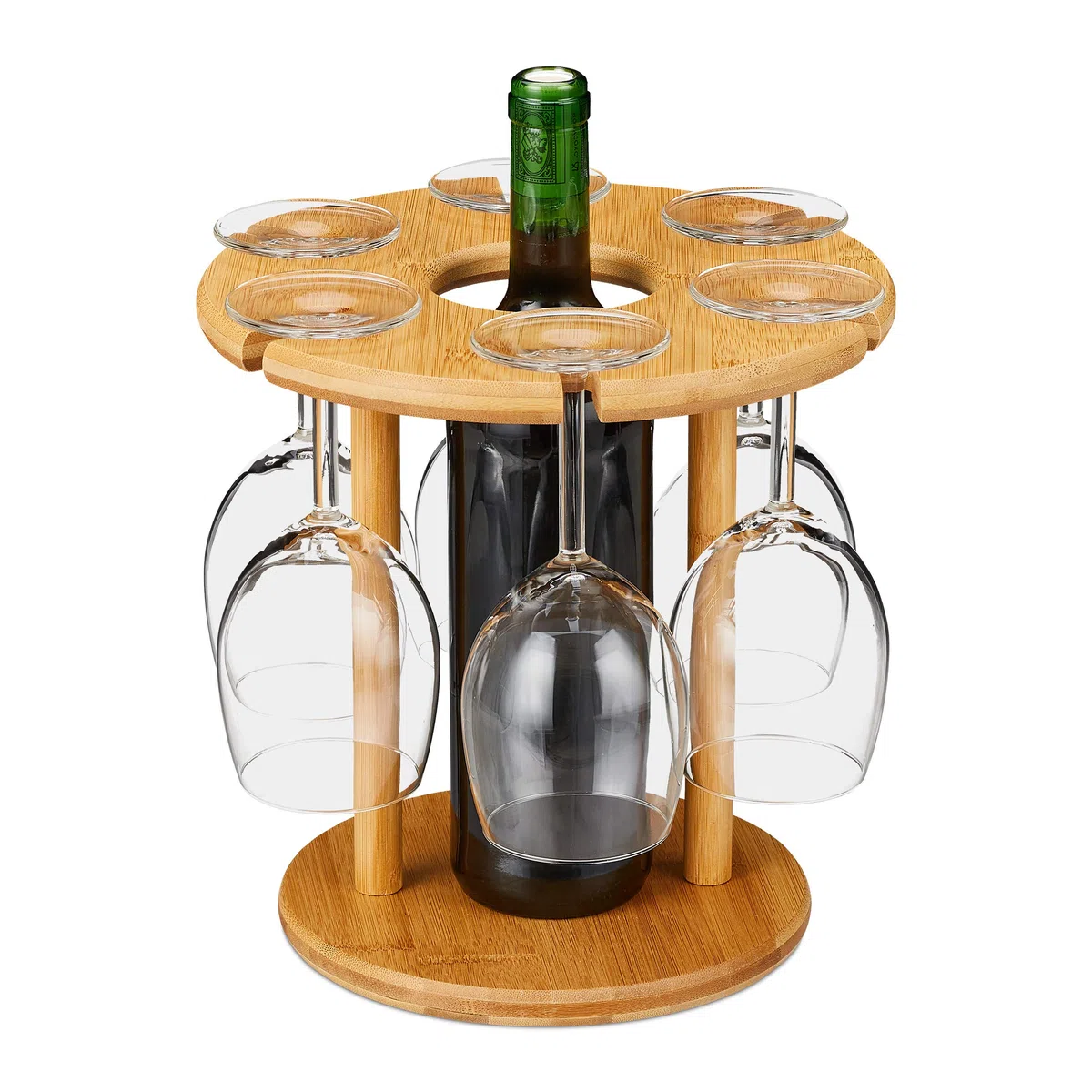 Relaxdays Porta Calici, in bambù, 6 Bicchieri da Vino (Non Inclusi), Rotondo Ø 25cm, Regalo, Bar, Portabottiglie, Marrone Naturale