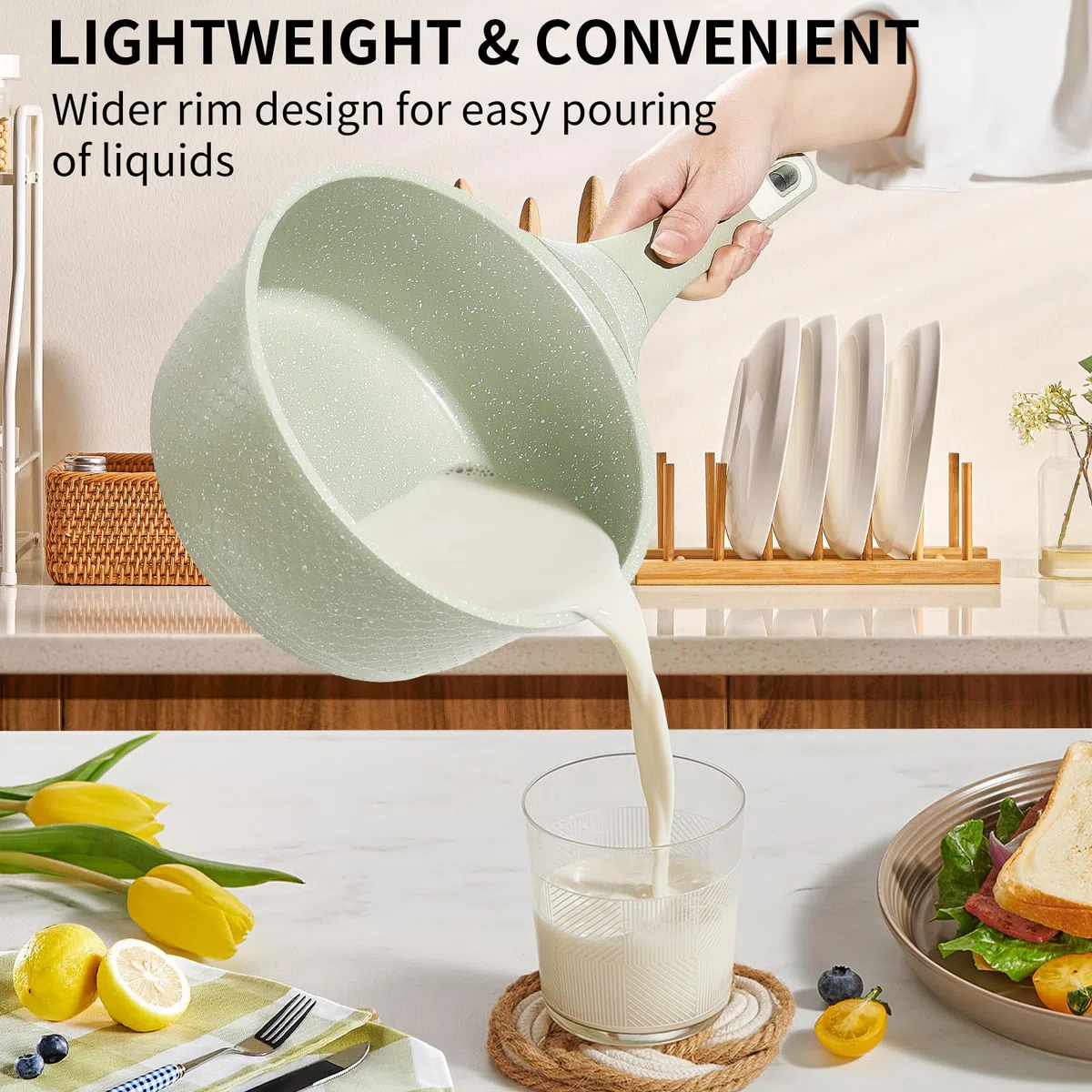 DYGG Casseruola Antiaderente Induzione 1.5L/16 cm, Pentola Multiuso con Rivestimento in Granito per zuppa, pasta, verdure – Senza PFOA/PFAS e Coperchio Vetro – Compatibile con Tutti i Piani Cottura