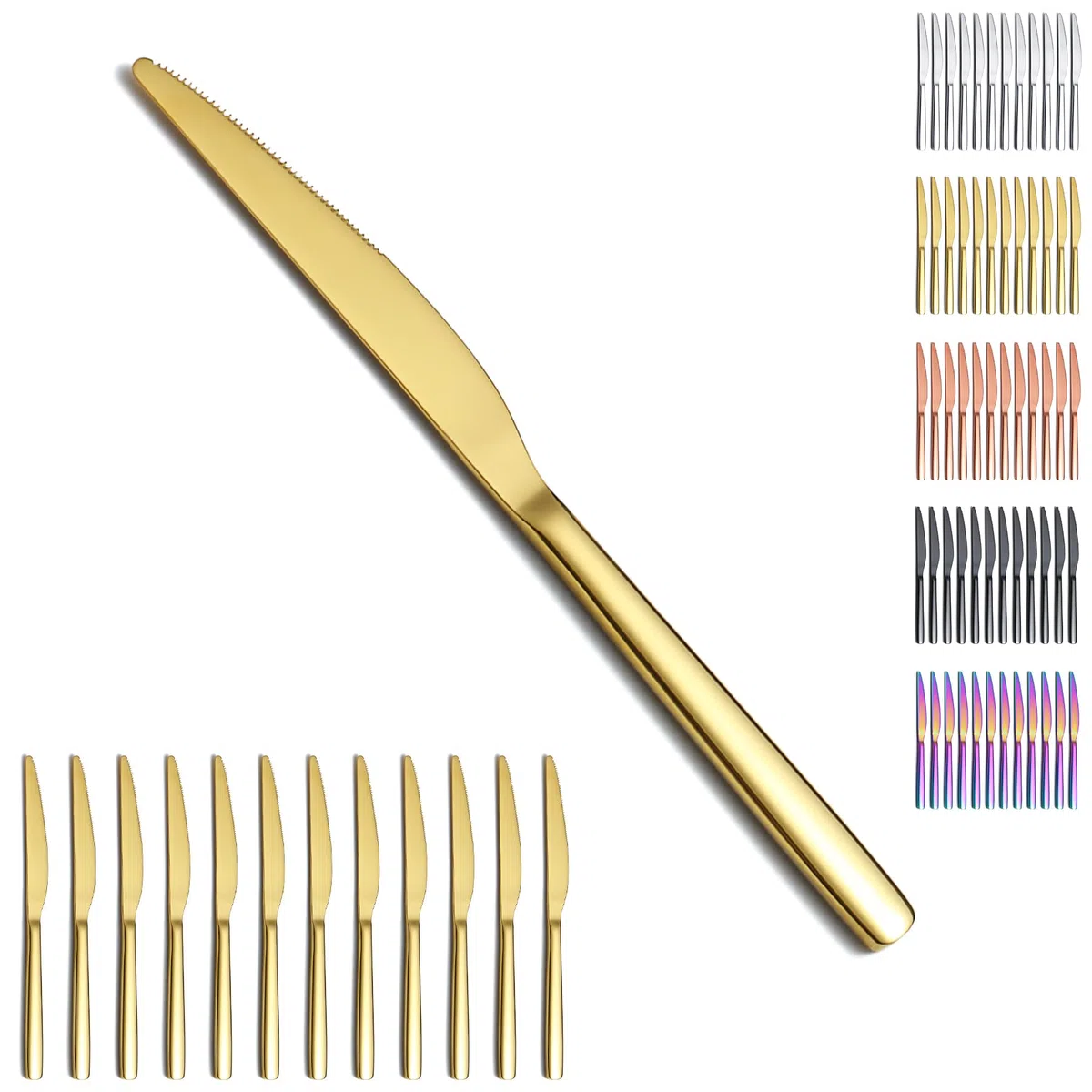Evanda Set di coltelli da bistecca in oro 12 pezzi, coltelli da tavola in acciaio inox placcati in titanio, set di coltelli da burro, set di posate in argento, set di posate, lavabili in lavastoviglie