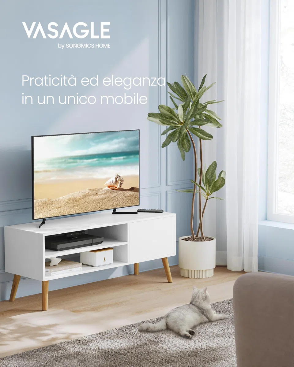 VASAGLE Mobile TV, Armadietto Stand TV, per TV fino a 55 Pollici, Porta TV Lungo 120 cm, Centro di Intrattenimento, Metà del Secolo Moderno per Soggiorno, Camera da Letto, Bianco LTV120T46