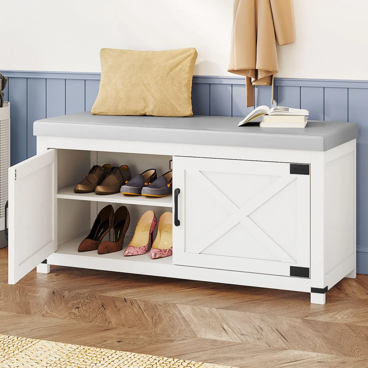 Hzuaneri Panca Scarpiera con Cuscino, Scarpiera da Ingresso Panca con Porte, 8 paia di scarpe, 35 x 100 x 49 cm, Bianco SB26603GY