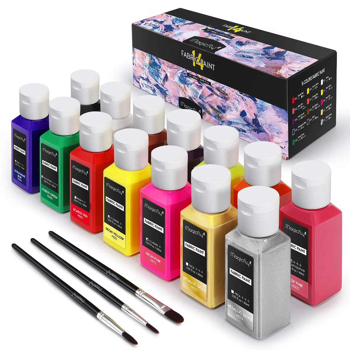 Magicfly Colori per Tessuti Permanenti, Set di 14 Colori Stoffa (60ML) Vernice Pittura per Tessuti Lavabili in Lavatrice e Asciugatrice, Abiti, Magliette, Jeans, Borse, Tela, con 3 Pennelli