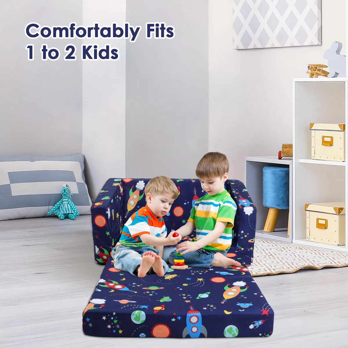 decalsweet Divano Letto per Bambini 2-in-1 Pieghevole Schienale Poltrona, Comoda Stabile Divano Bambini con Tasca in Stoffa, Divano Pieghevole Leggero Apribile per Camera da Letto, Soggiorno, Razzo