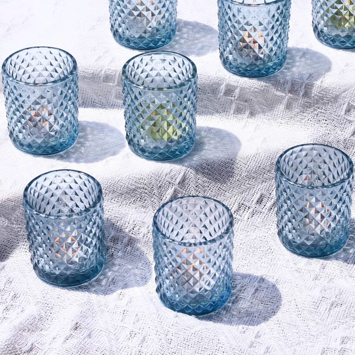 12 bicchieri da tè in vetro blu per matrimoni, decorazione da tavolo, portacandele in vetro per festa di compleanno, per decorazione della casa