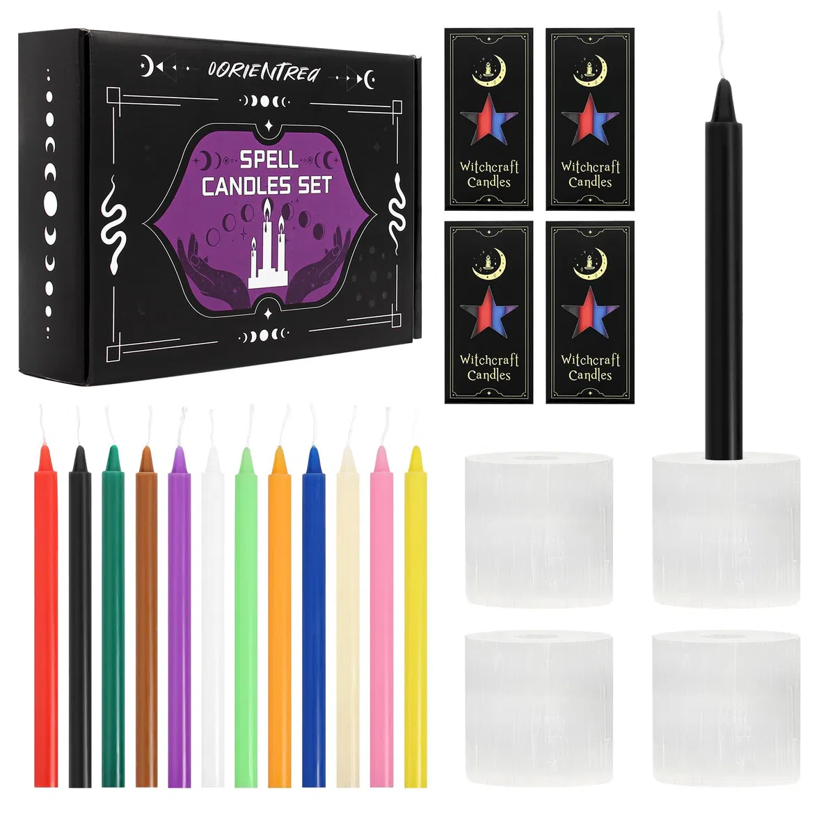 Set di 48 candele magiche con 4 portacandele in selenite su misura – candele colorate per stregoneria, rituali, meditazione, altare – Stabilità garantita, combustione sicura