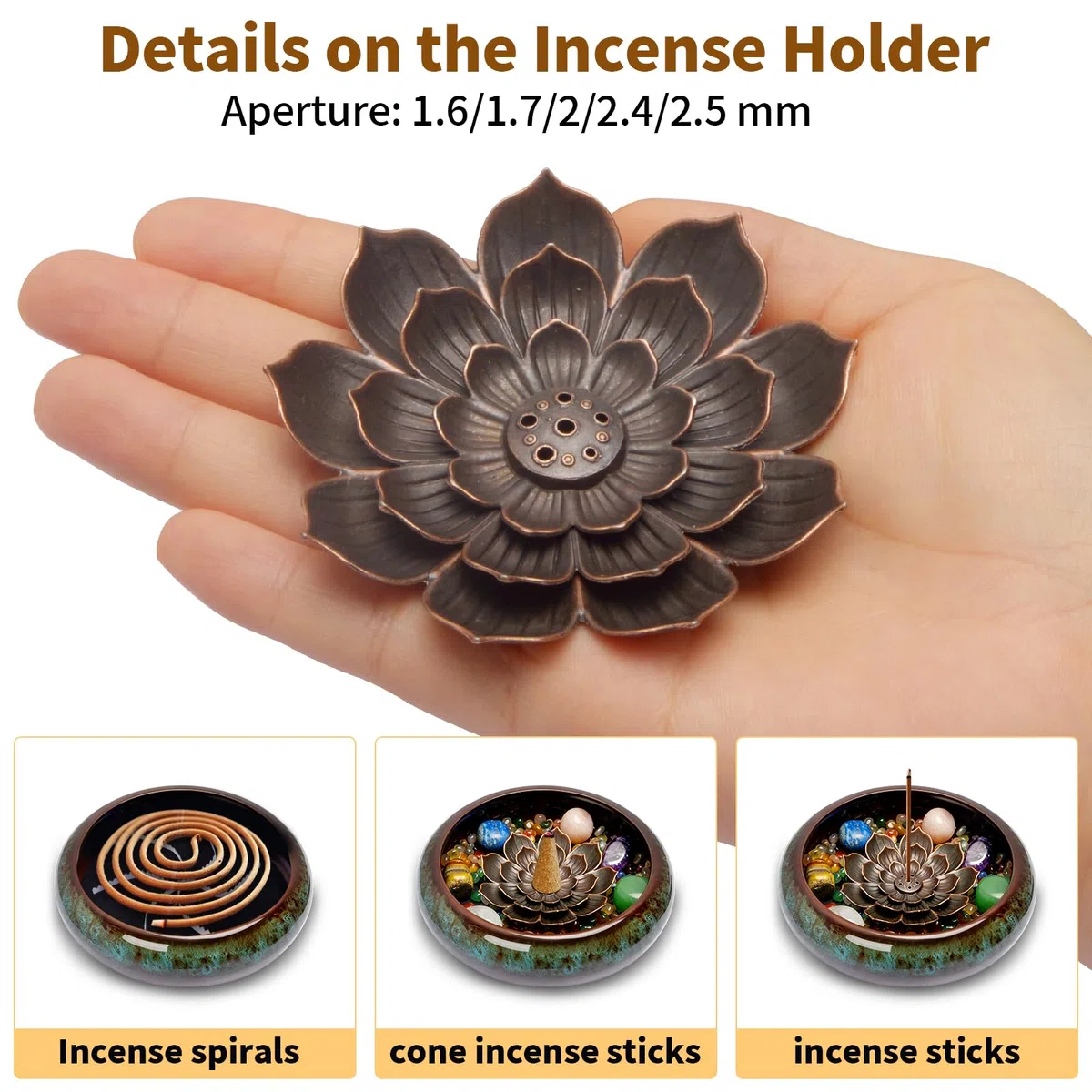 Lermende Bruciatore Incenso in Ceramica: Porta incenso con design loto rimovibile con Bruciatore per Incenso con Pietre dei Chakra e Coperchio in Metallo, Bruciatore per Incenso per La Meditazione.