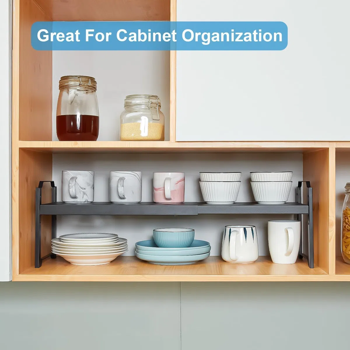 Ripiano Salvaspazio Cucina Espandibile, Organizer Cucina con Altezza Regolabile, Portaspezie Salvaspazio Metallo, Mensole con Design Versatile per Bagno e Soggiorno Scrivania (Nero)