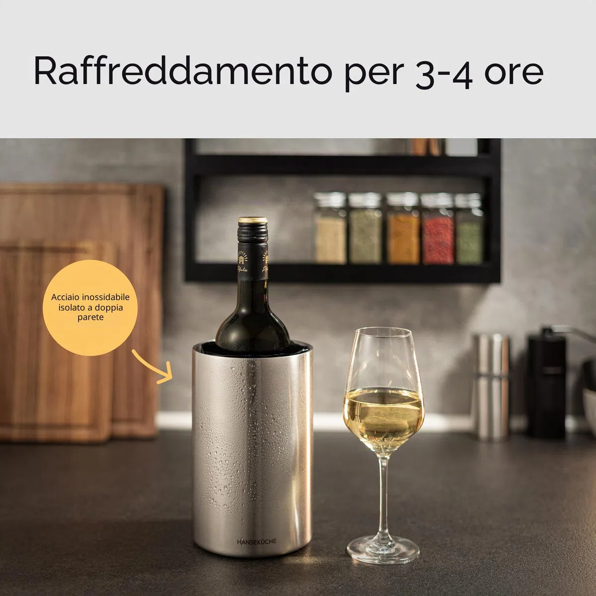 Hanseküche Refrigeratore per vino: in acciaio inossidabile a doppia parete con raffreddamento attivo e maniche di raffreddamento - Refrigeratore per bottiglie di vino, secchio per champagne