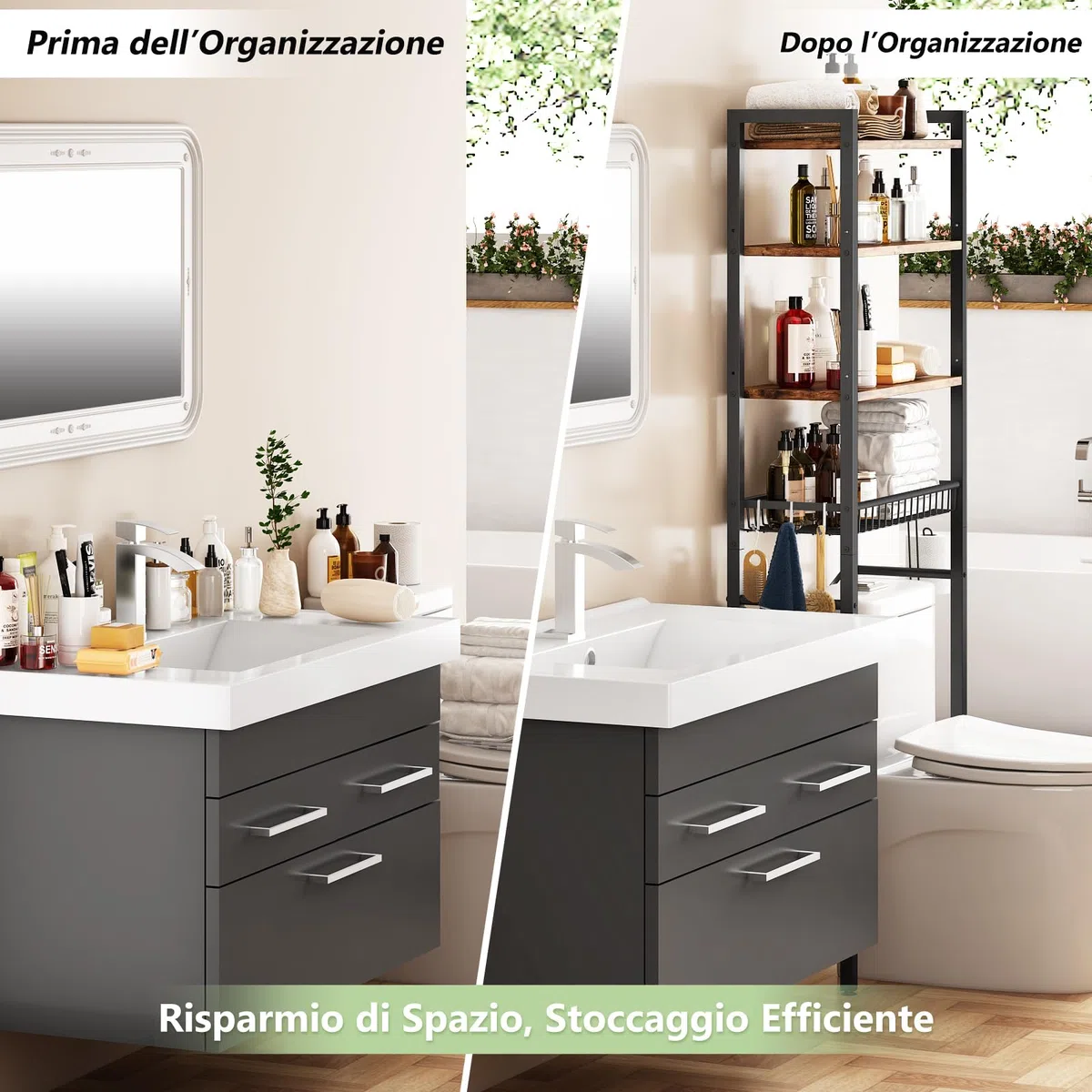 Kalrin Scaffale da Bagno, Scaffale Multifunzionale Regolabile a 4 Livelli, Scaffale Sopra il WC con Cestini, Scaffale Salvaspazio, Facile da Montare - Marrone Vintage