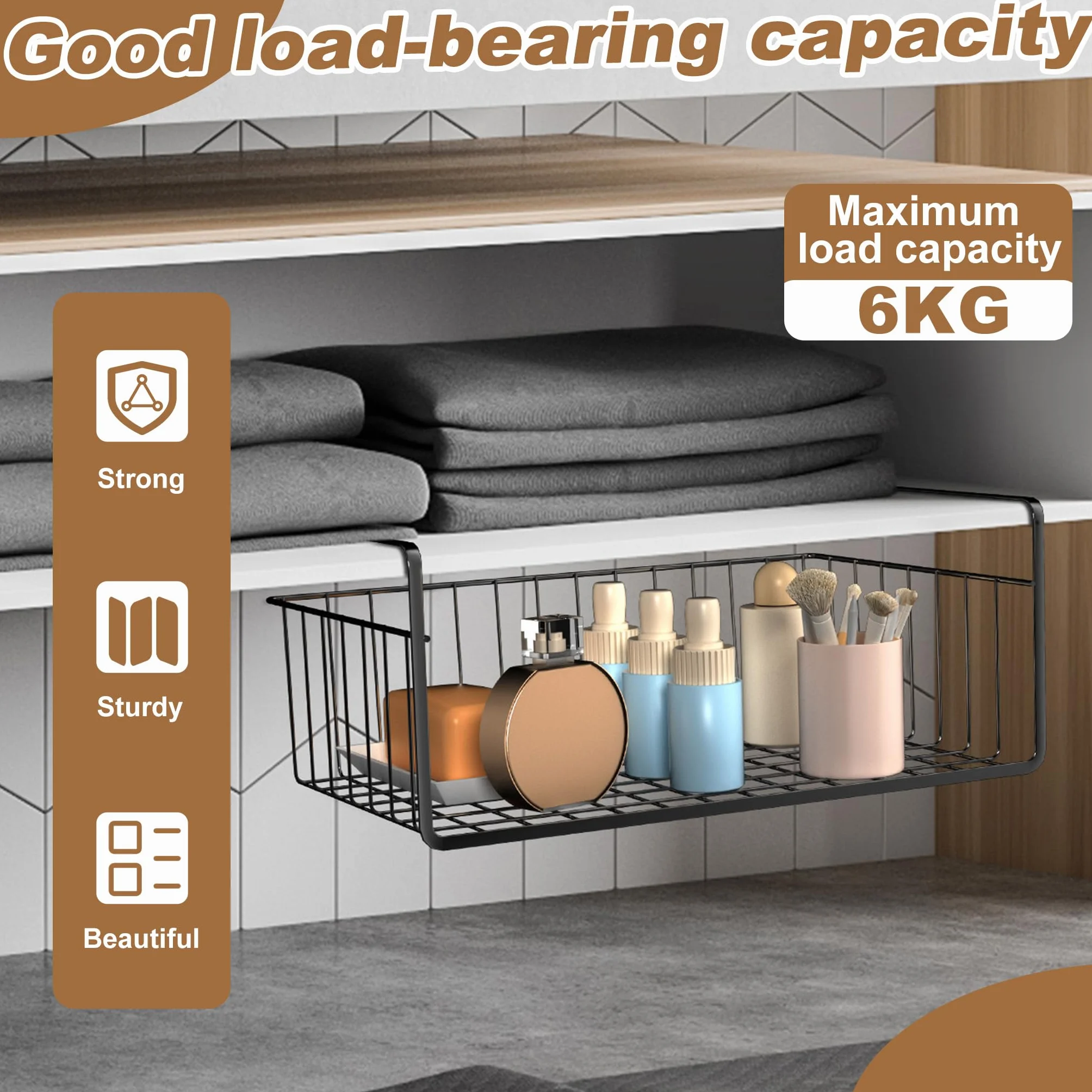 Froadp Set da 2 cestelli sottoscaffale – Organizer da armadio in metallo nero – Montaggio senza attrezzi – Ideale per cucina, dispensa, bagno, ufficio, armadio – Design aperto per la ventilazione