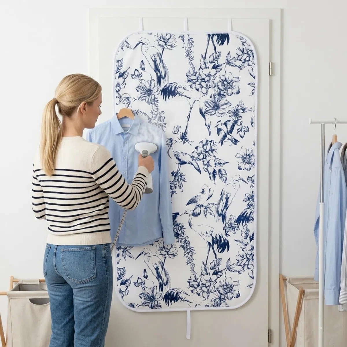Umiin Copertura per Stirare Universale 75x100 cm - Tappeto da Stiro Spesso con 3 Clip per Porta e Parete - Pieghevole con Cinghie di Fissaggio - Design Uccelli e Fiori, Ideale per Tavolo e Letto