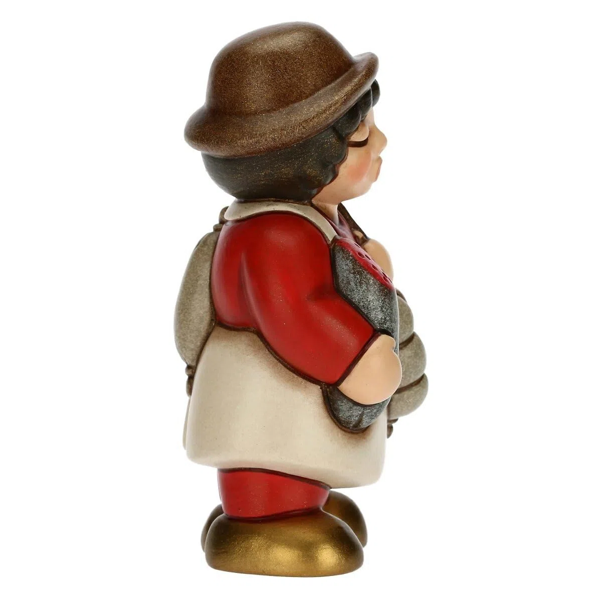 THUN - Presepe 2022 - Statuina Presepe Salumiere in Ceramica Decorata a Mano, Versione Vestito Marrone - Linea Presepe Classico - 4,3X4,5X8 cm h