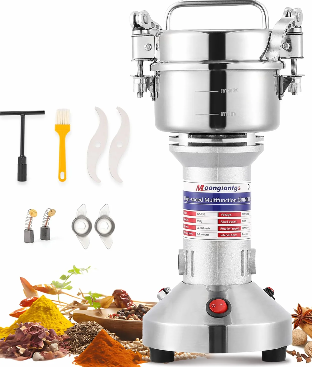 Moongiantgo Mulino Elettrico per Cereali 150g Mulino per Spezie Acciaio Inossidabile, 950W 28000RPM Motore Commerciale & 30s Rettifica Superfine ad Alta Velocità, per Cereali/Erbe/Spezie/Noci