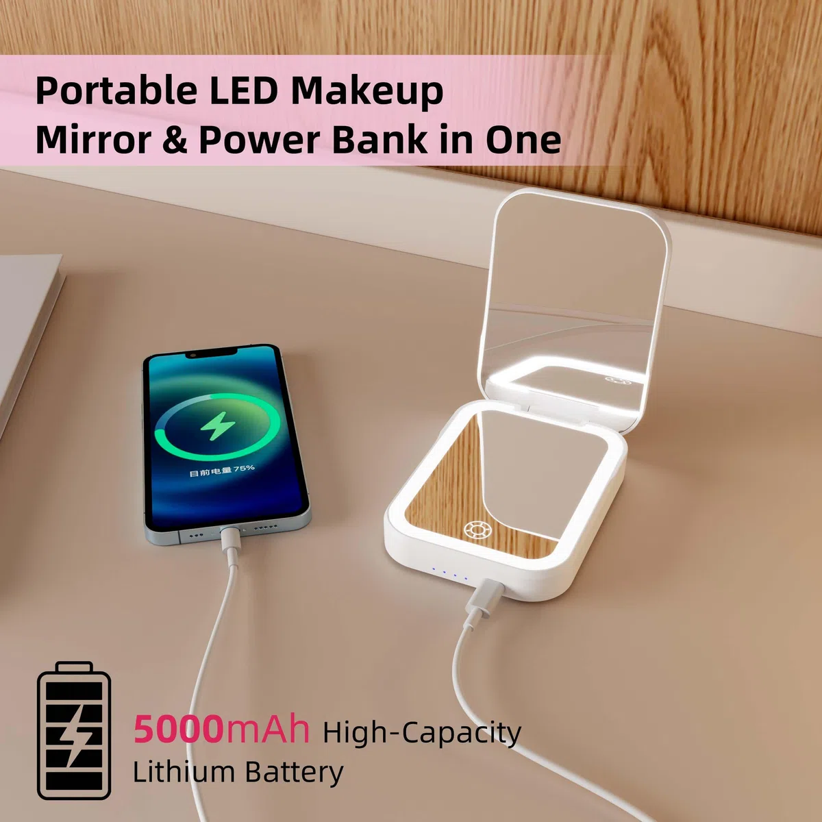 Specchio cosmetico con illuminazione a LED, specchio da trucco senza fili con power bank 5000 mAh, specchio da trucco ricaricabile 2 in 1, portatile per casa e viaggio