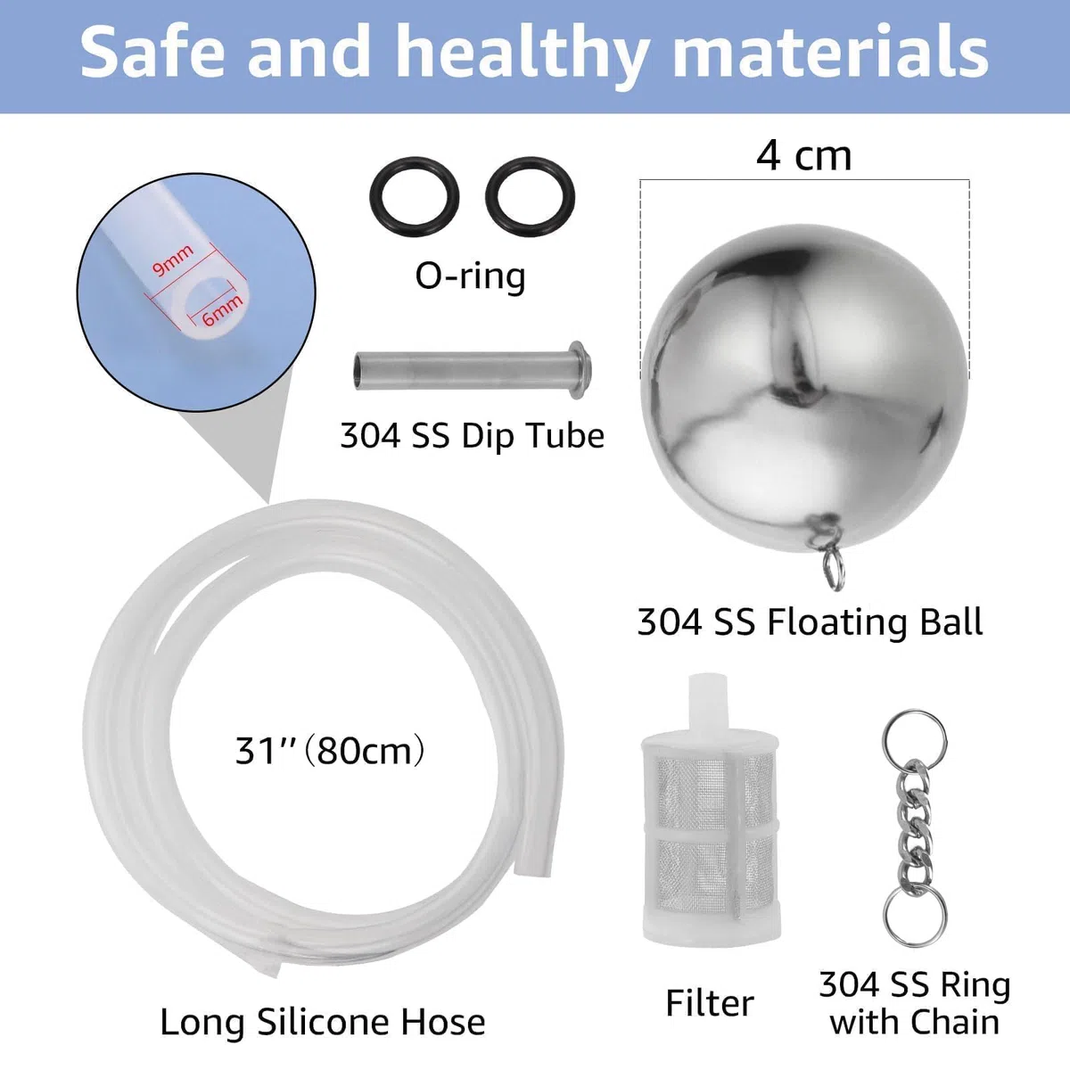 Tubo galleggiante in acciaio inox 304 Tubo per immersione Corny Keg Tubo per immersione liquida per barile di birra con filtro a tubo galleggiante e tubo in silicone da 80 cm