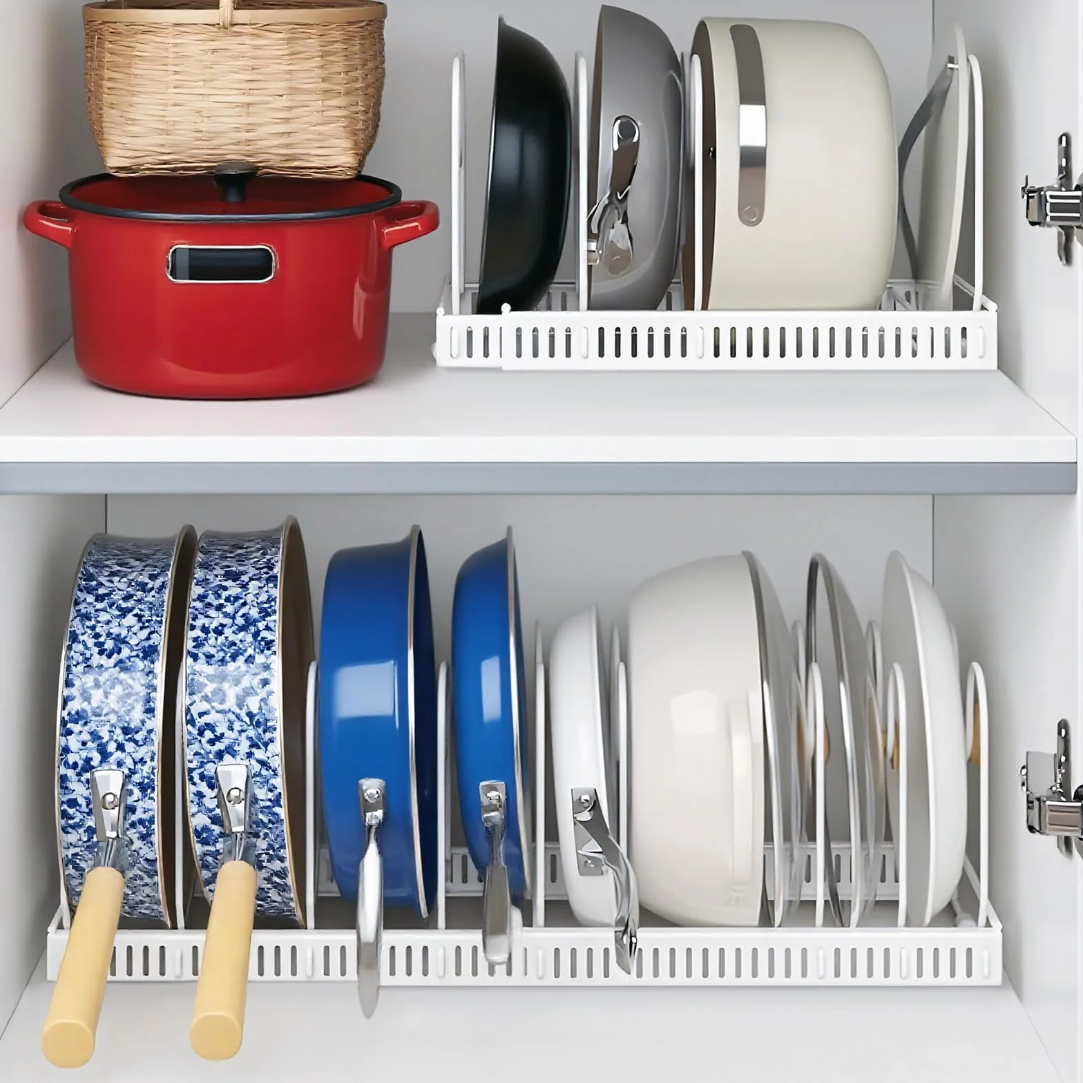 Porta Coperchi Pentole con 10 Scomparti Regolabili, Organizer Padelle Salvaspazio Espandibile, Organizzatore Portacoperchi Interno Mobile Allungabile Cucina per Coperchio Padelles Cassettone (Bianco)