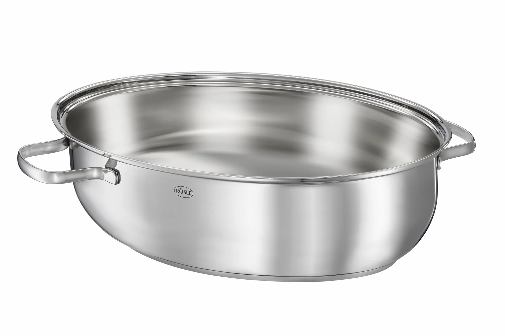 RÖSLE Elegance - Rostiera Ovale di Alta qualità con Coperchio in Vetro, in Acciaio Inox 18/10, Colore: Argento, Adatta al Forno a induzione
