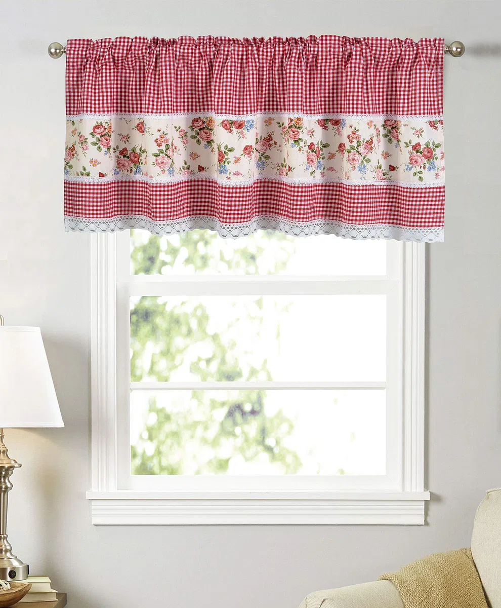 Dreamskull - Tendina da cucina, stile rustico, corta, opaca, con asta, con fiori, pizzo e quadretti, larghezza 150 cm