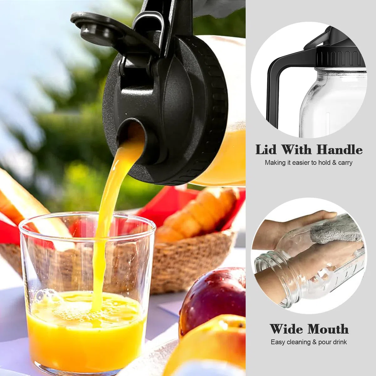 Hniuyun Brocca per latte, 907 ml, ermetica, in vetro, a bocca larga, con coperchio per versare latte materno, tè freddo, caffè freddo, succo di frutta (nero)