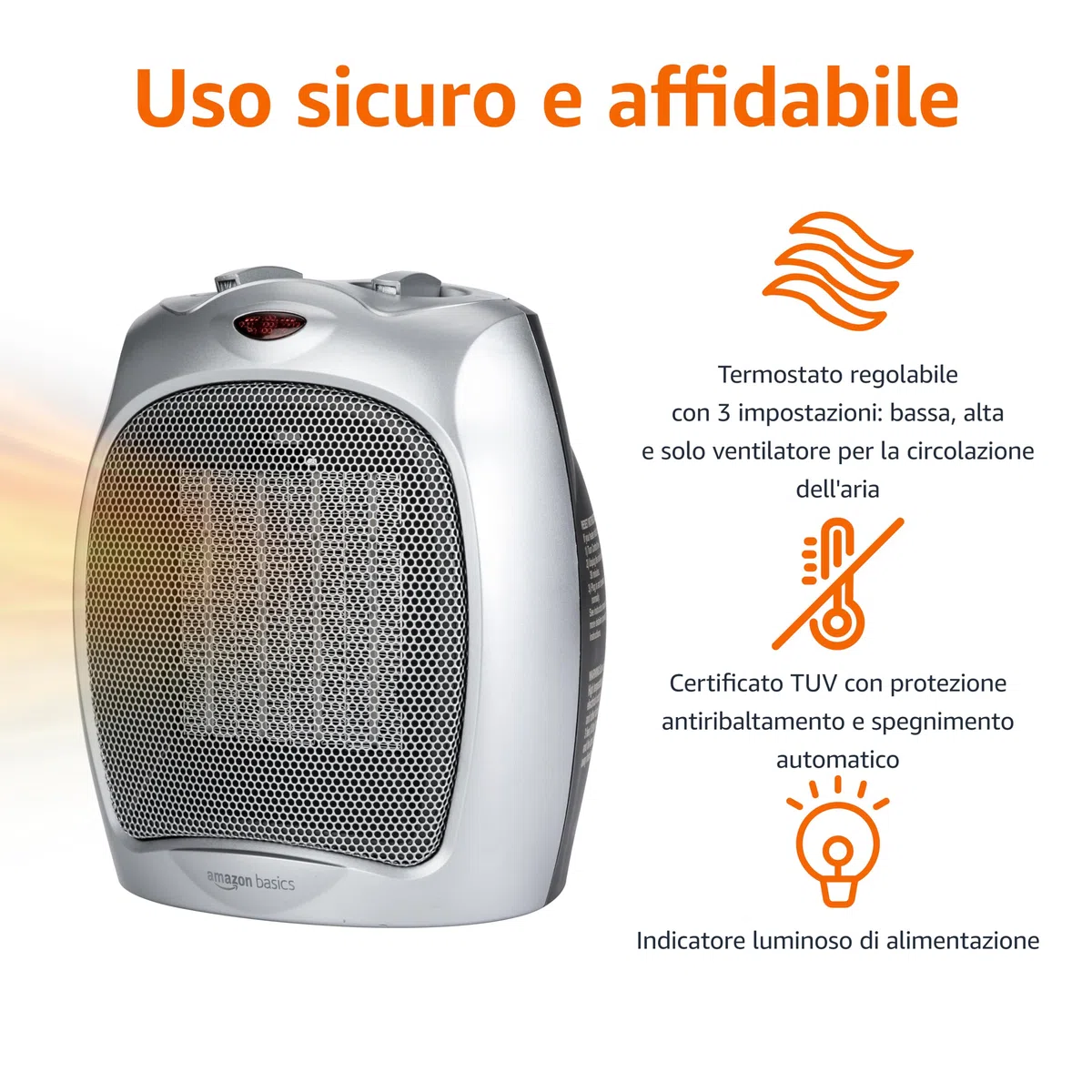 Amazon Basics Termoventilatore in ceramica da 1800 Watt con termostato regolabile - Argento