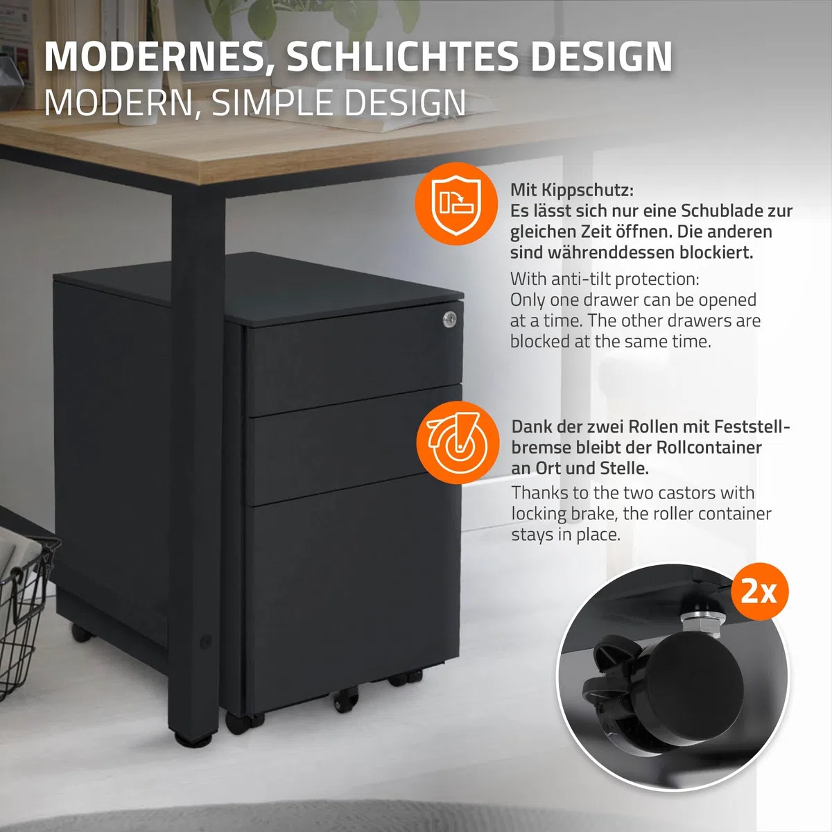 ML-Design Cassettiera da Ufficio con 3 Cassetti e Serratura Acciaio Antracite 39x50x56cm Mobili per Documenti Armadio Studio Scrivania Mobiletto con Rotelle e Blocco Base Mobile Portadocumenti