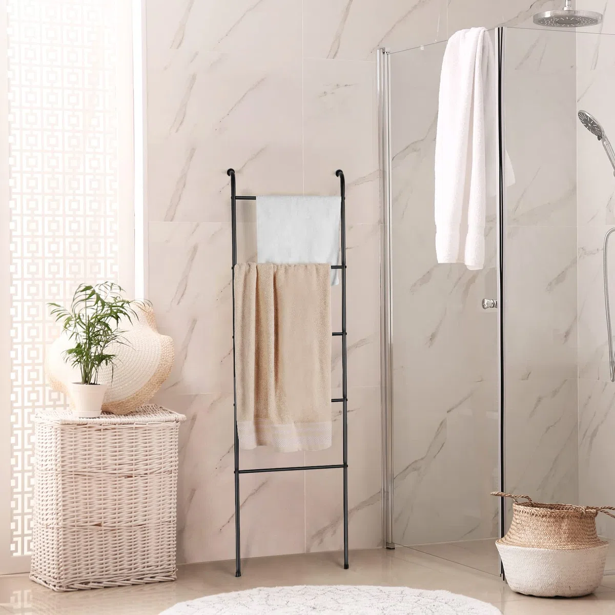 Scaletta per asciugamani per coperte, coperta da parete, porta asciugamani decorativo a 5 ripiani, per soggiorno, bagno, lavanderia, nero