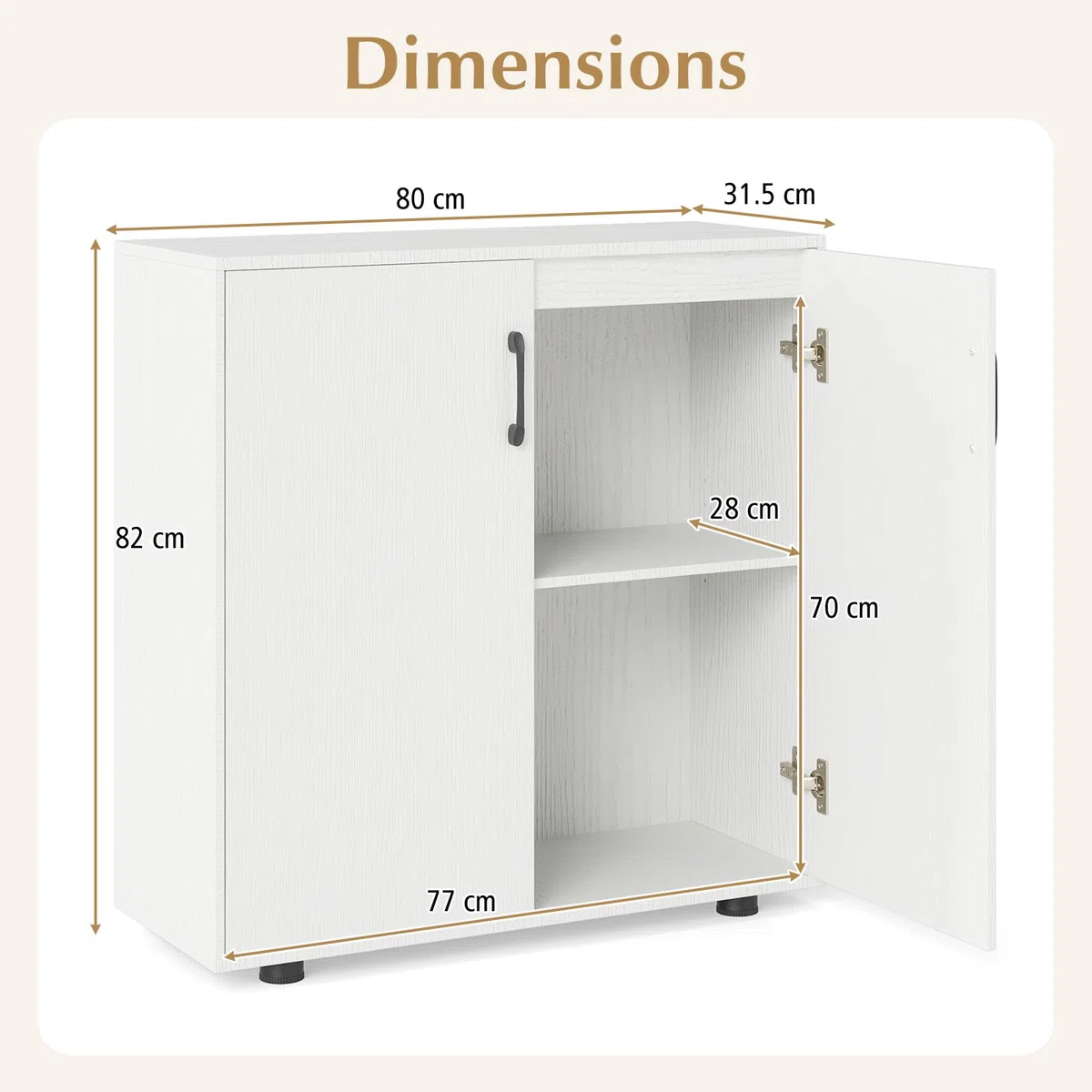 KOMFOTTEU Credenza Cucina con 2 Ante, Mobile Buffet con Ripiano Regolabile, Armadio Dispensa in Legno Antiribaltamento, per Sala da Pranzo, Soggiorno, Ingresso, 80 x 31,5 x 82 cm (Bianco)