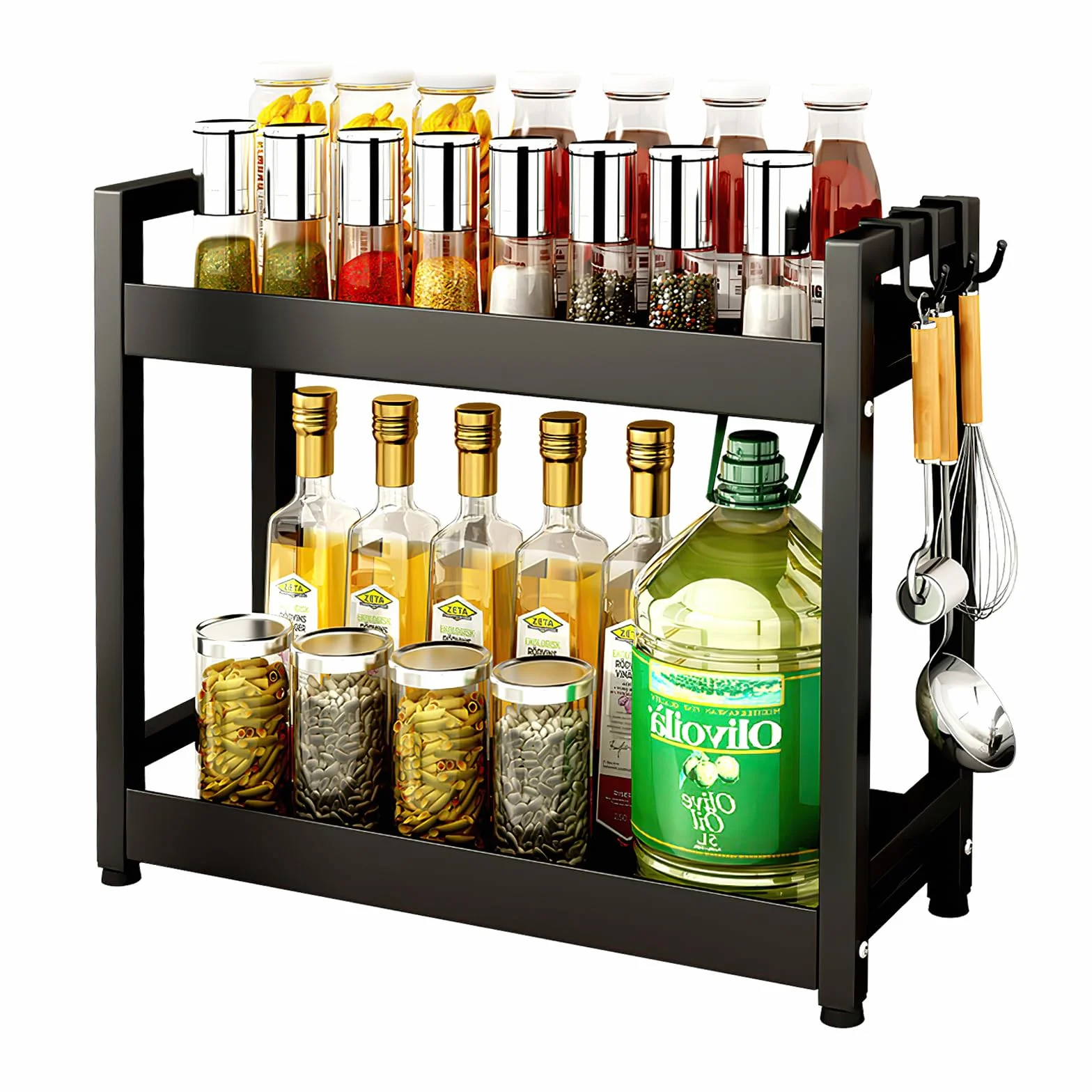 Porta Spezie in Piedi Per Cucina - 2 Ripiani Salvaspazio in Acciaio al Carbonio - Grande Capacità Organizzatore Per Bagno e Ufficio, Nero