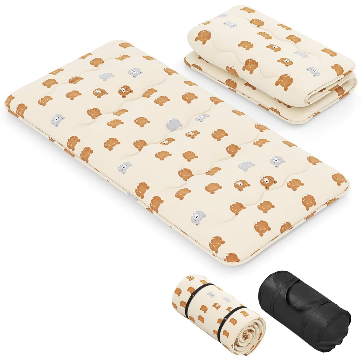 GIANTEX Materasso da pavimento Futon Giapponese, Tappetino Tatami Pieghevole e Portatile, Materasso Pieghevole con Borsa da Trasporto e Fodera Rimovibile (Beige+Orso, 90 x 200 cm)