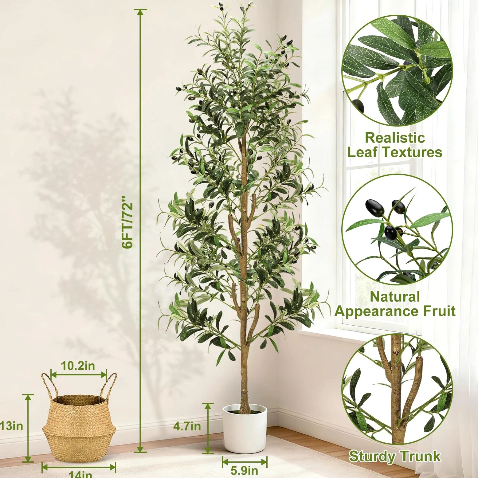NZQXJXZ Albero di Olive Artificiale 180 cm con Luci, Pianta Artificiale da Interno con Vaso e Cesto, Piante Artificiali con Tronco Naturale e Frutti Realistici per Casa Ufficio
