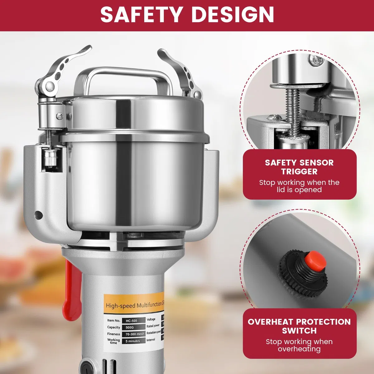 Mulino per Cereali 500g, Trita Pietre ad Alta Velocità 220V, Portable Grinder Elettrico per Farina di Erbe con 3 Lame, per Erbe/Spezie/Noci/Cereali Casa con Protezione da Sovraccarico