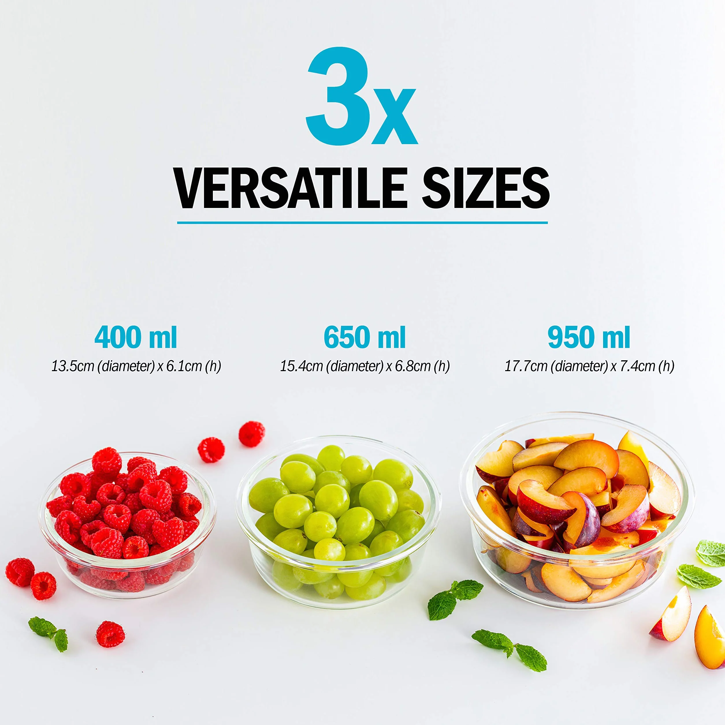 Igluu Meal Prep Contenitori Ermetici per Alimenti in Vetro Tondi con Coperchi (Set da 3) – Senza BPA – Forno, Microonde, Freezer e Lavastoviglie – 400 ml, 650 ml, 950 ml – Vetro Borosilicato