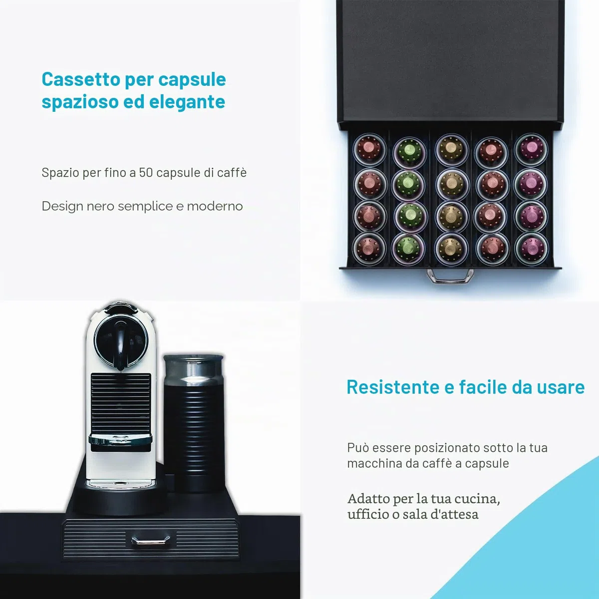 INTIRILIFE Cassetto portacapsule 50 Capsule di caffè- Compatibile con Le Capsule Nespresso -38.2 x 23.2 x 5,6 cm- Cassetto portacapsule Cassetto portacapsule in Nero Macchina per Capsule